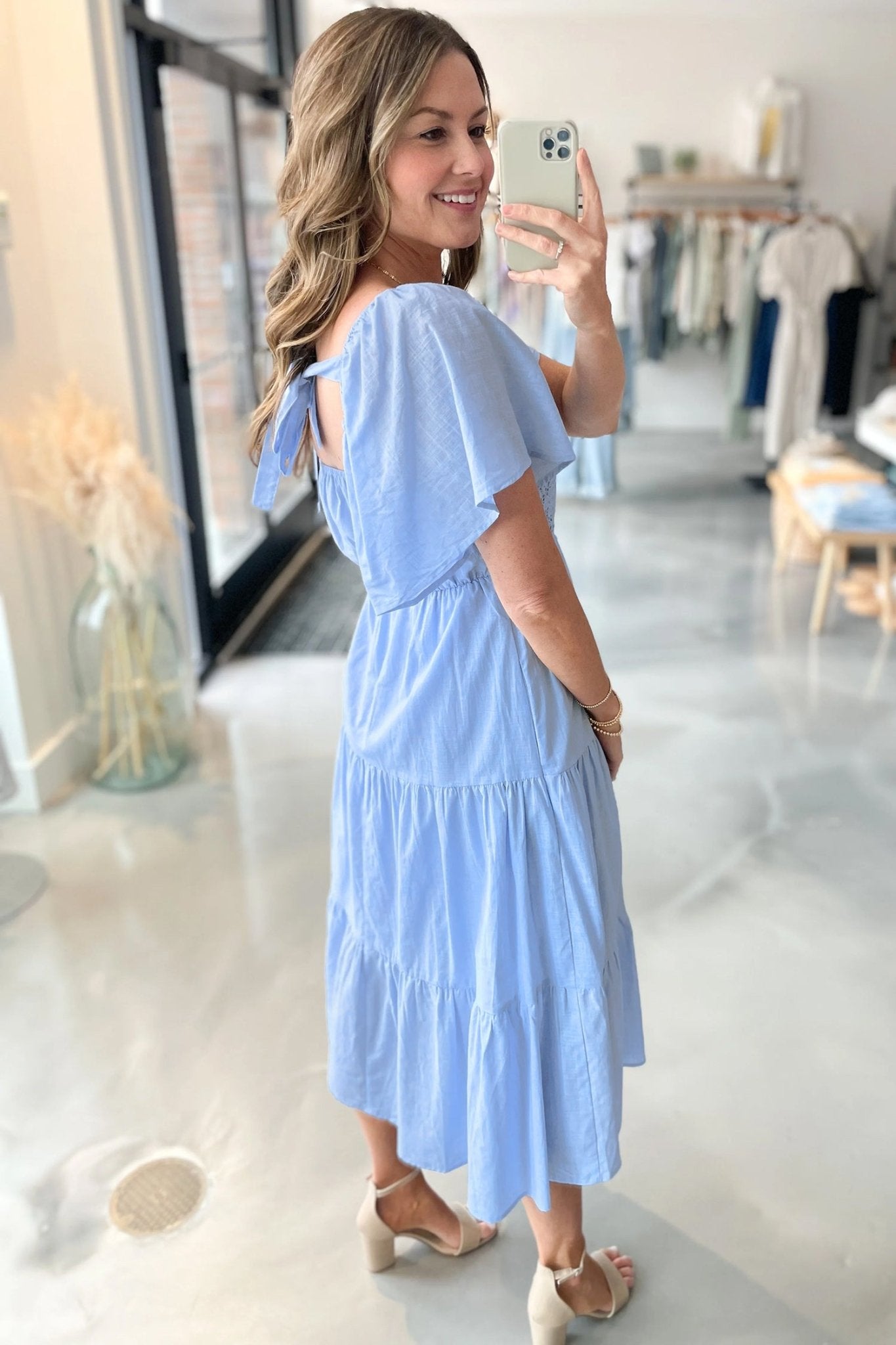 Beau Blue Flowy Short Sleeve Lace Detail Square Neck Tiered Midi Dress - Crowned Energy CO.