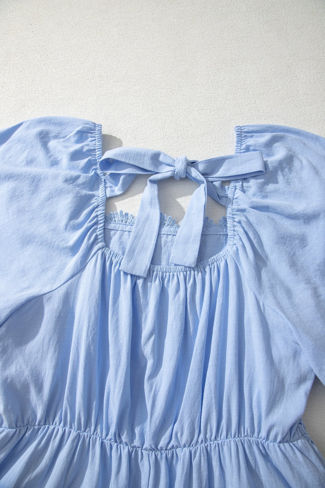 Beau Blue Flowy Short Sleeve Lace Detail Square Neck Tiered Midi Dress - Crowned Energy CO.