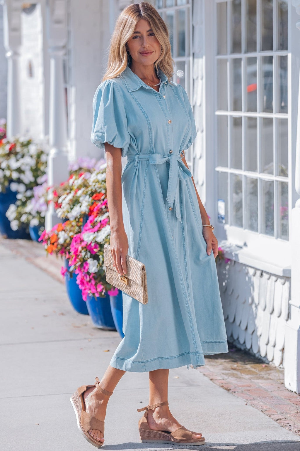 Beau Blue Full Buttons Collared Short Bubble Sleeve Long Denim Dress - Crowned Energy CO.