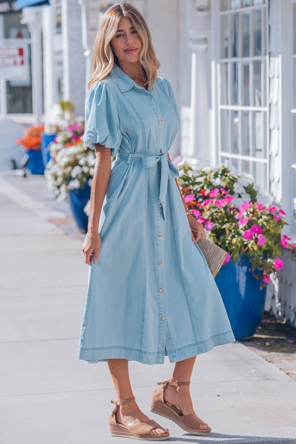 Beau Blue Full Buttons Collared Short Bubble Sleeve Long Denim Dress - Crowned Energy CO.