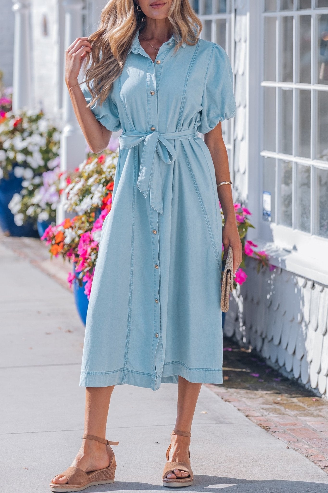 Beau Blue Full Buttons Collared Short Bubble Sleeve Long Denim Dress - Crowned Energy CO.
