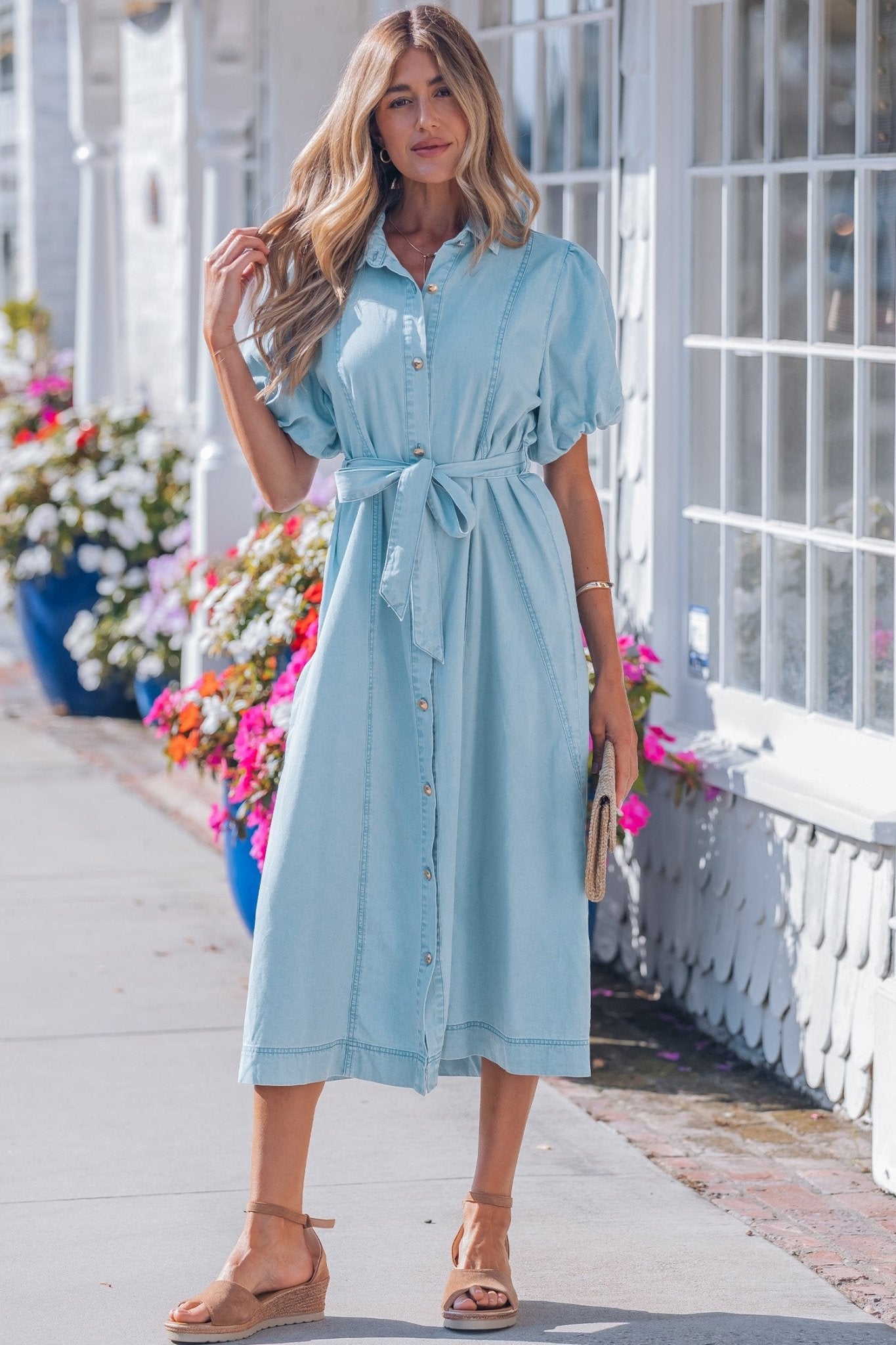 Beau Blue Full Buttons Collared Short Bubble Sleeve Long Denim Dress - Crowned Energy CO.