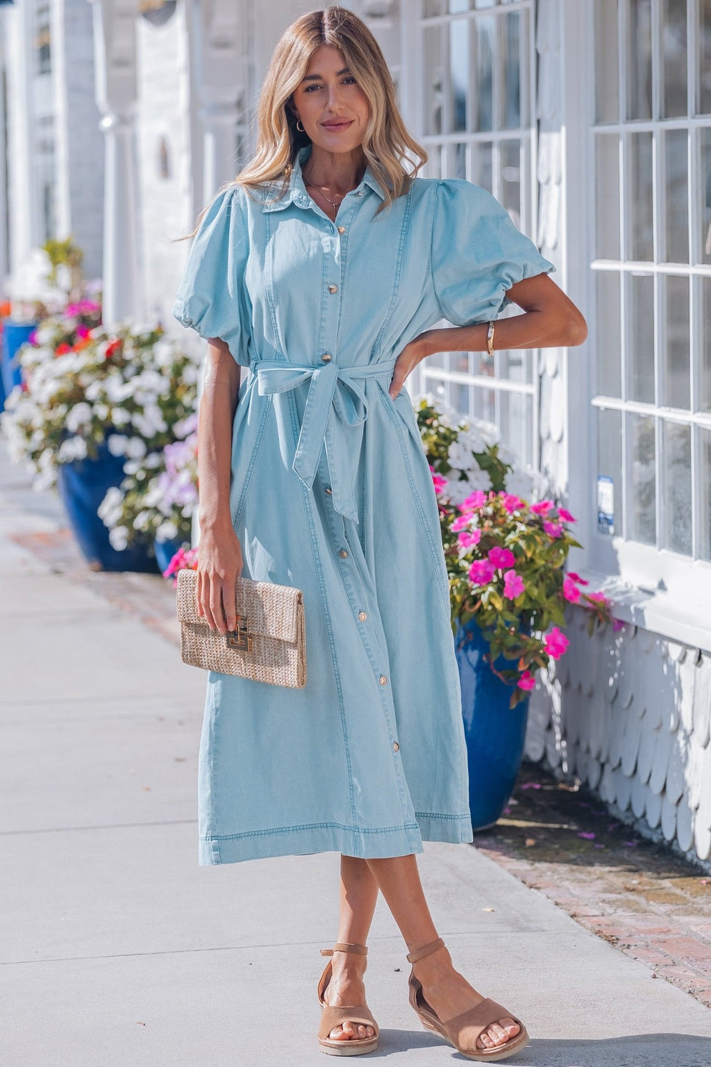 Beau Blue Full Buttons Collared Short Bubble Sleeve Long Denim Dress - Crowned Energy CO.