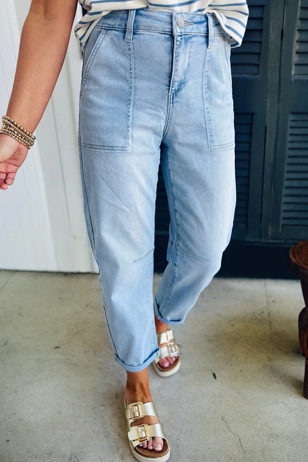 Beau Blue High Rise Barrel Relaxed Patch Pocket Jeans - Crowned Energy CO.