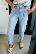 Beau Blue High Rise Barrel Relaxed Patch Pocket Jeans - Crowned Energy CO.