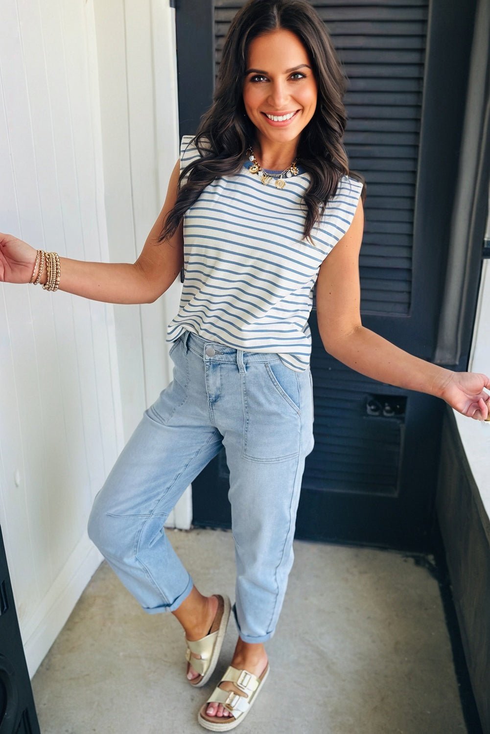 Beau Blue High Rise Barrel Relaxed Patch Pocket Jeans - Crowned Energy CO.