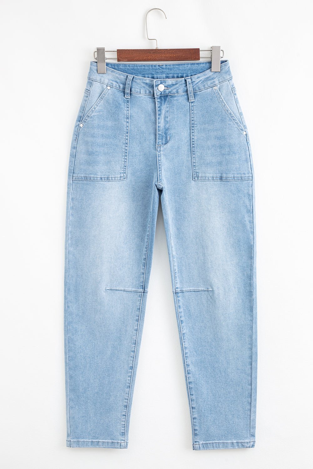 Beau Blue High Rise Barrel Relaxed Patch Pocket Jeans - Crowned Energy CO.