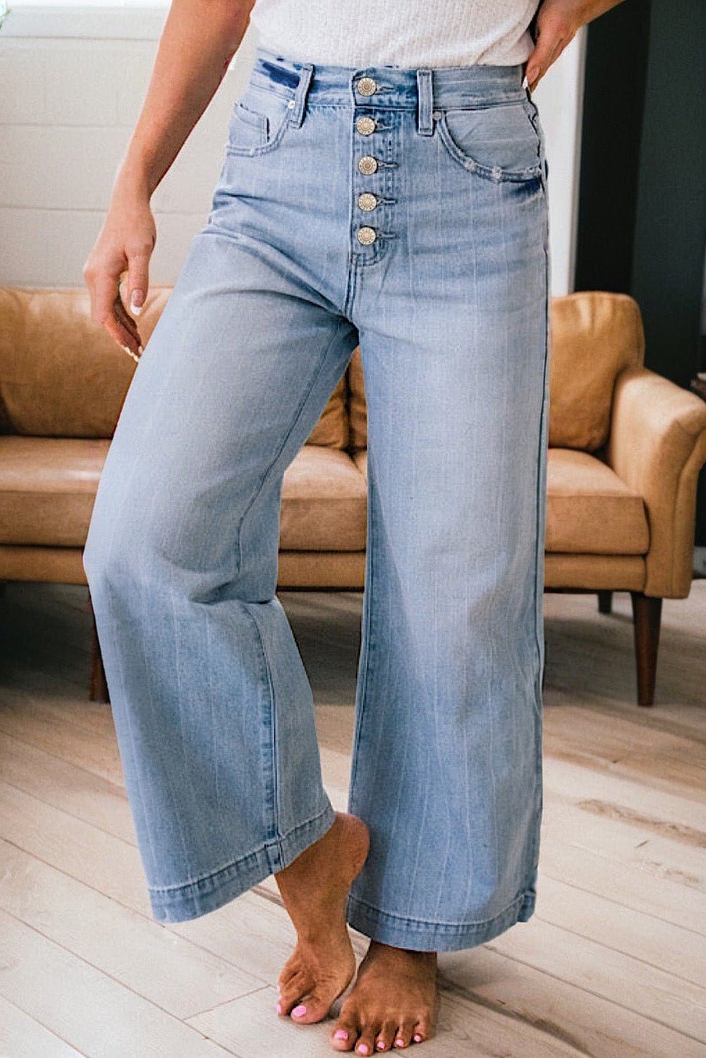 Crowned Energy CO. Beau Blue / 4 / 65%Cotton+33%Polyester+2%Elastane Dear-Lover Dropshipping Bottoms/Jeans Beau Blue Multi Buttons Pinstripe Wide Leg Jeans