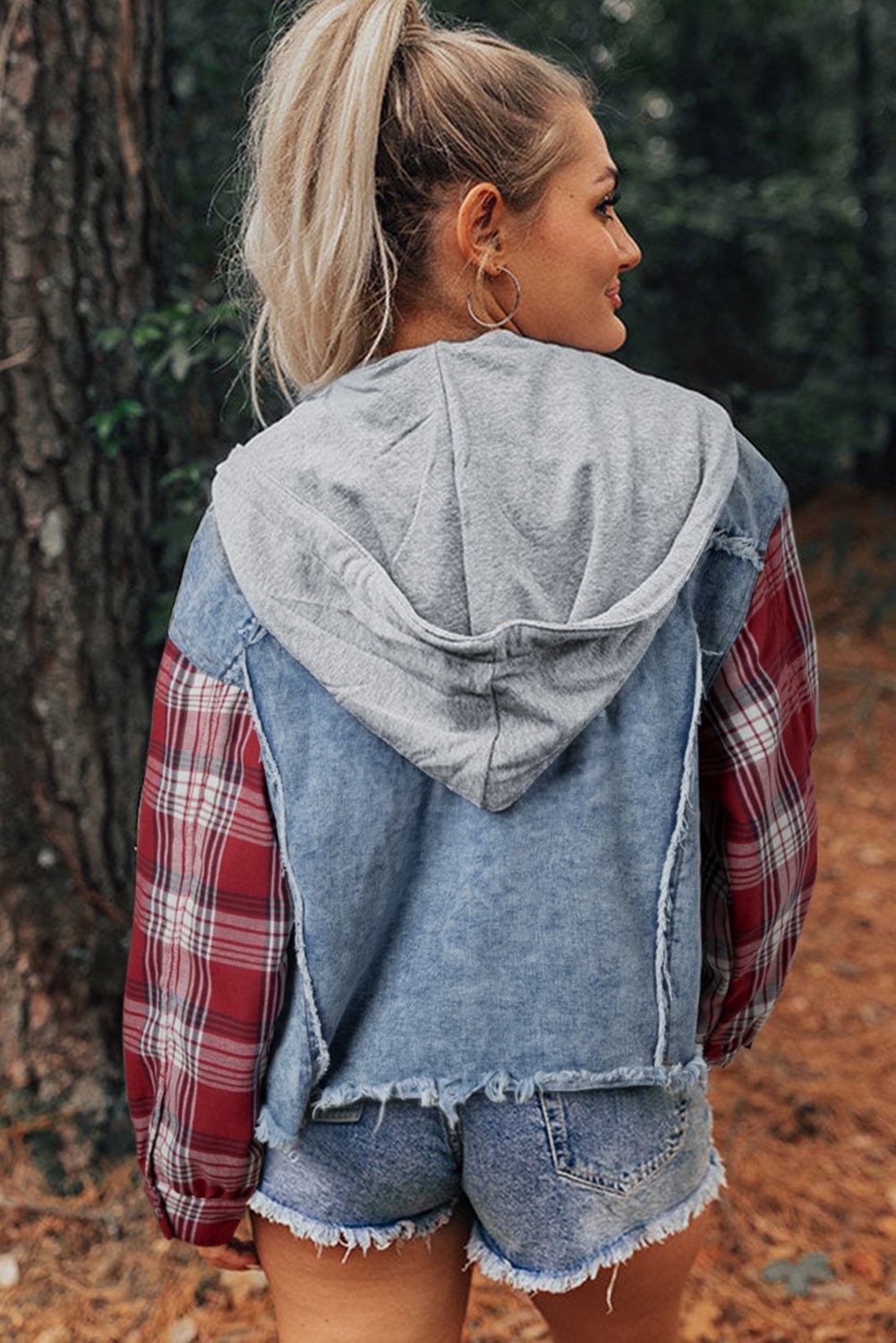 Crowned Energy CO. Beau Blue / S / 83%Cotton+17%Polyester Dear-Lover Dropshipping Outerwear/Denim jackets Beau Blue Plaid Print Patchwork Hooded Raw Hem Denim Jacket