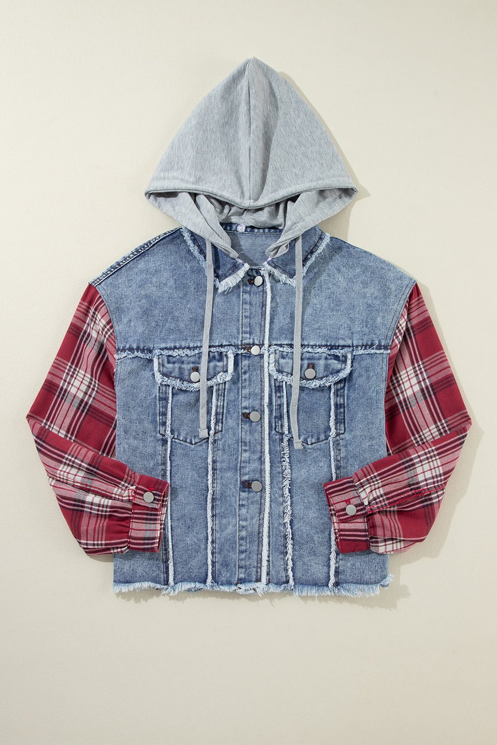 Crowned Energy CO. Beau Blue / S / 83%Cotton+17%Polyester Dear-Lover Dropshipping Outerwear/Denim jackets Beau Blue Plaid Print Patchwork Hooded Raw Hem Denim Jacket