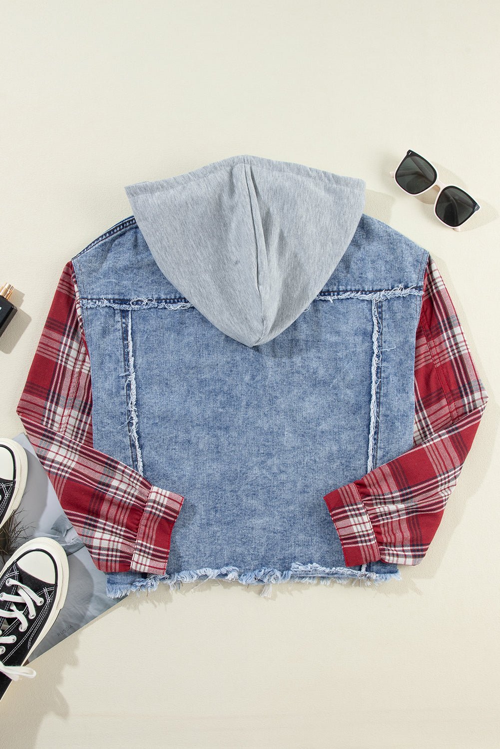 Crowned Energy CO. Beau Blue / S / 83%Cotton+17%Polyester Dear-Lover Dropshipping Outerwear/Denim jackets Beau Blue Plaid Print Patchwork Hooded Raw Hem Denim Jacket