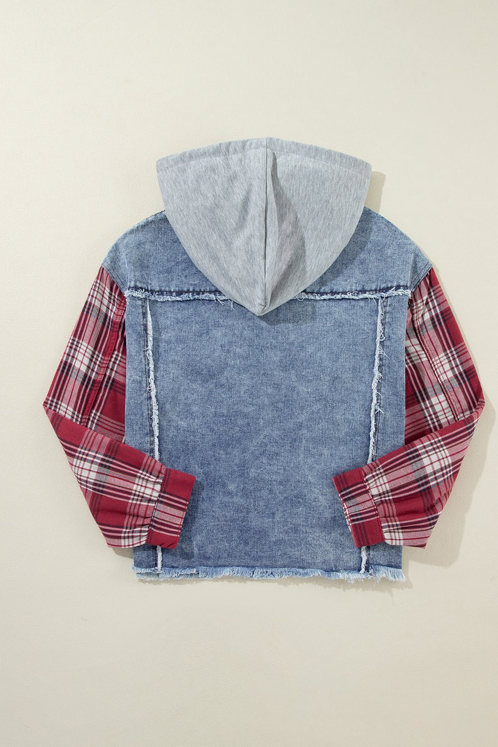 Crowned Energy CO. Beau Blue / S / 83%Cotton+17%Polyester Dear-Lover Dropshipping Outerwear/Denim jackets Beau Blue Plaid Print Patchwork Hooded Raw Hem Denim Jacket
