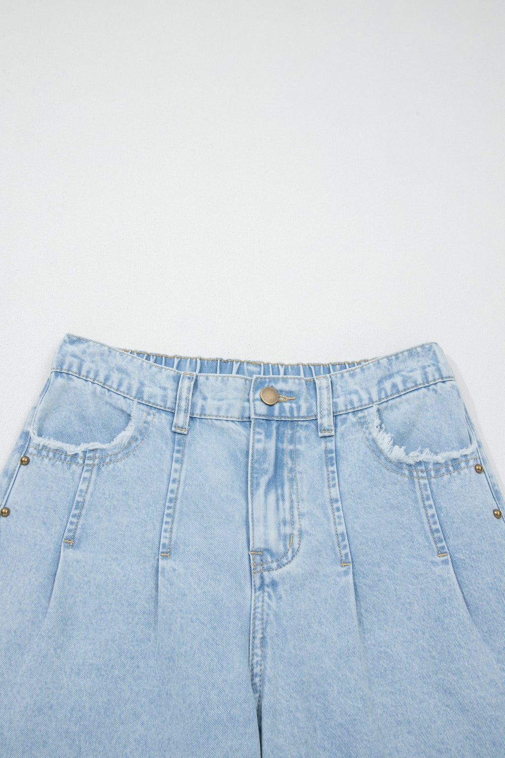 Beau Blue Studded Side Slit Leg Frayed Pocketed Wide Leg Jeans - Crowned Energy CO.