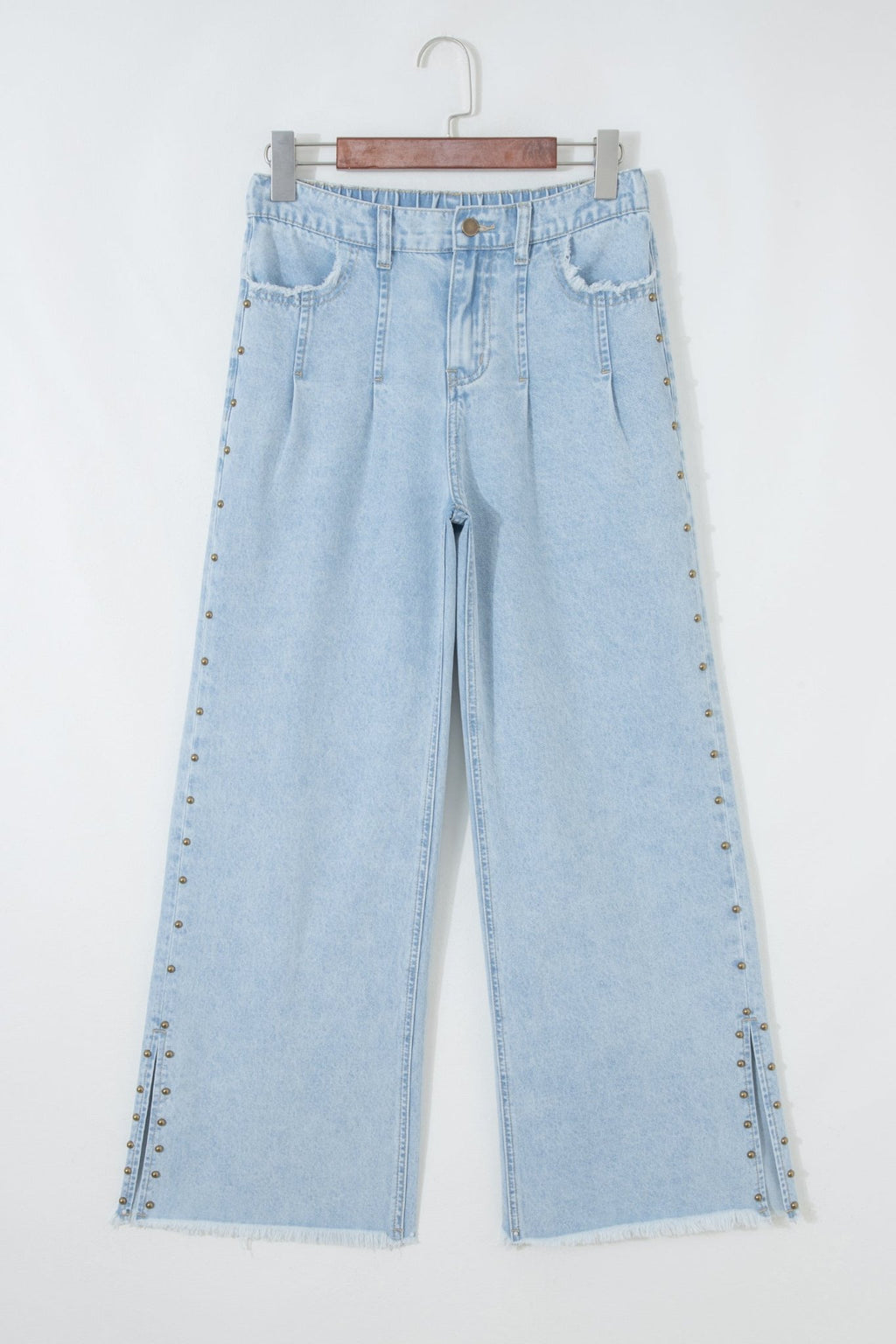 Beau Blue Studded Side Slit Leg Frayed Pocketed Wide Leg Jeans - Crowned Energy CO.