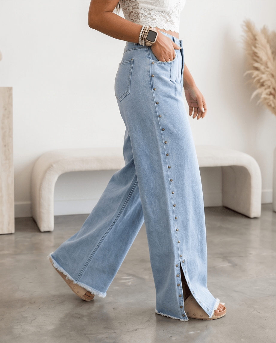 Beau Blue Studded Side Slit Leg Frayed Pocketed Wide Leg Jeans - Crowned Energy CO.