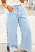 Beau Blue Studded Side Slit Leg Frayed Pocketed Wide Leg Jeans - Crowned Energy CO.