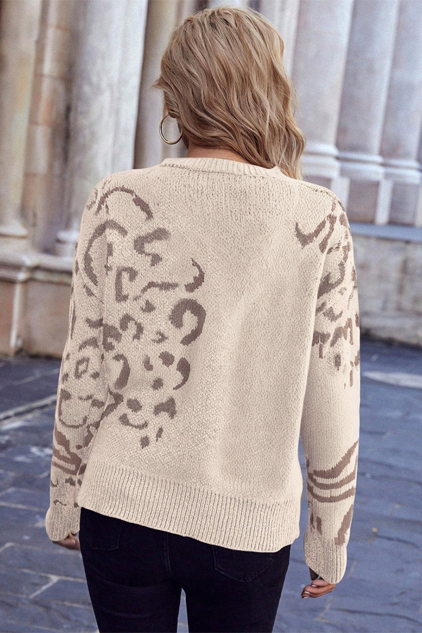 Beige Asymmetric Leopard Print Detail Drop Shoulder Sweater - Crowned Energy CO.