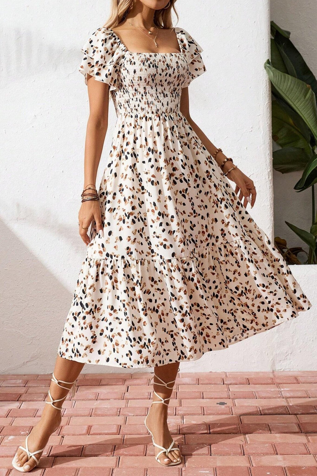 Beige Ditsy Floral Print Smocked Square Neck Ruffle Short Sleeve Dress - Crowned Energy CO.