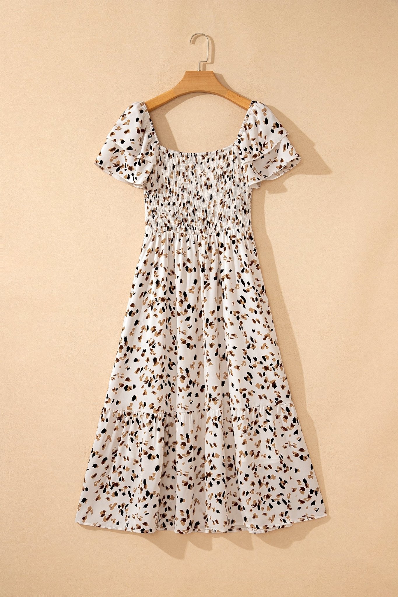 Beige Ditsy Floral Print Smocked Square Neck Ruffle Short Sleeve Dress - Crowned Energy CO.