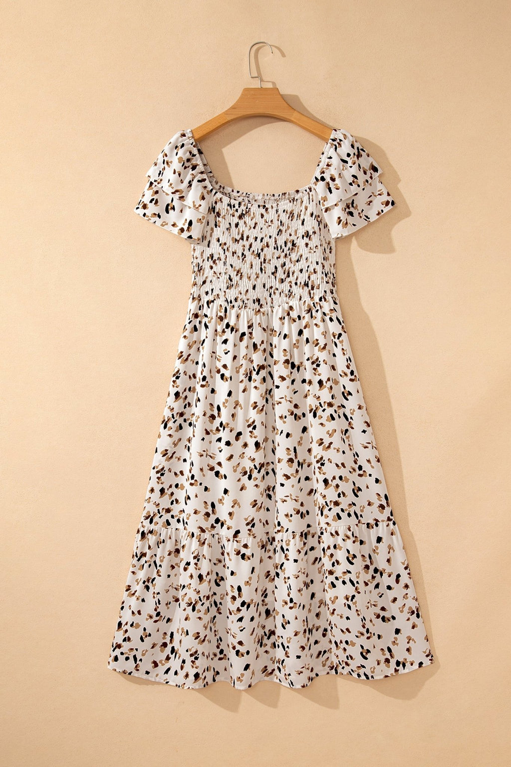 Beige Ditsy Floral Print Smocked Square Neck Ruffle Short Sleeve Dress - Crowned Energy CO.