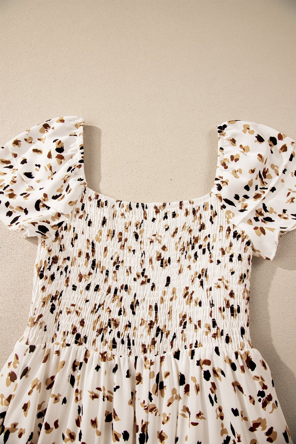 Beige Ditsy Floral Print Smocked Square Neck Ruffle Short Sleeve Dress - Crowned Energy CO.