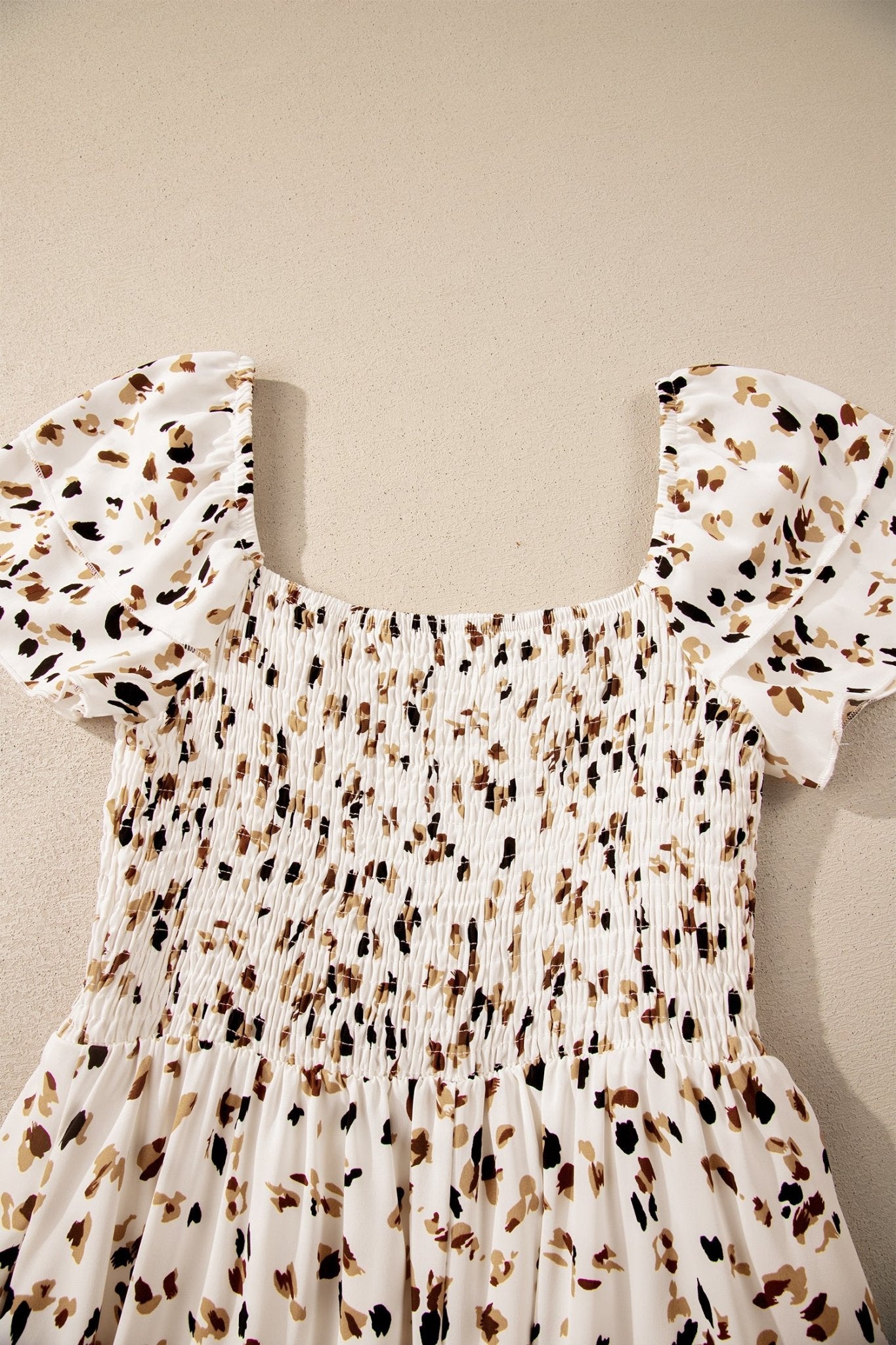 Beige Ditsy Floral Print Smocked Square Neck Ruffle Short Sleeve Dress - Crowned Energy CO.