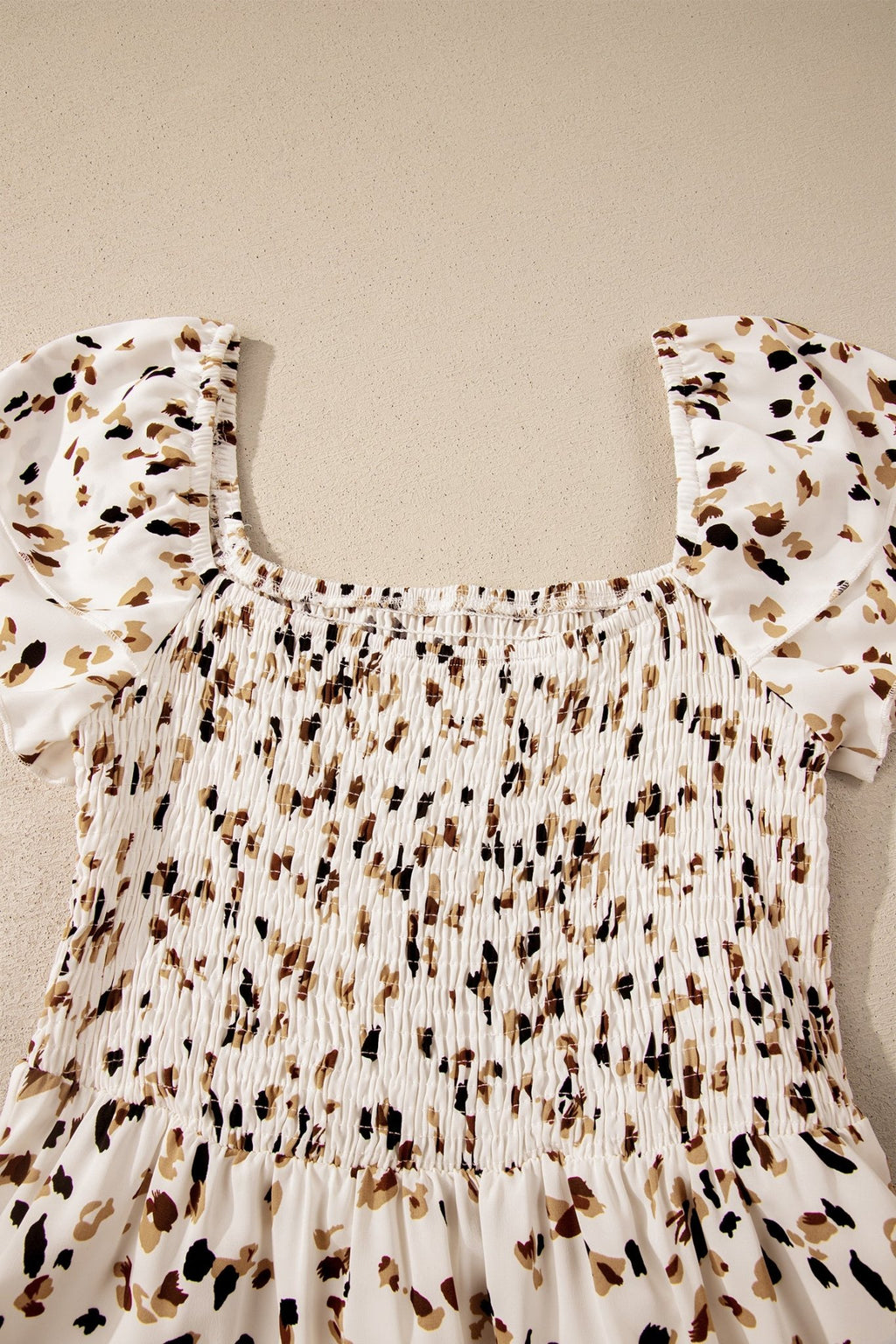 Beige Ditsy Floral Print Smocked Square Neck Ruffle Short Sleeve Dress - Crowned Energy CO.
