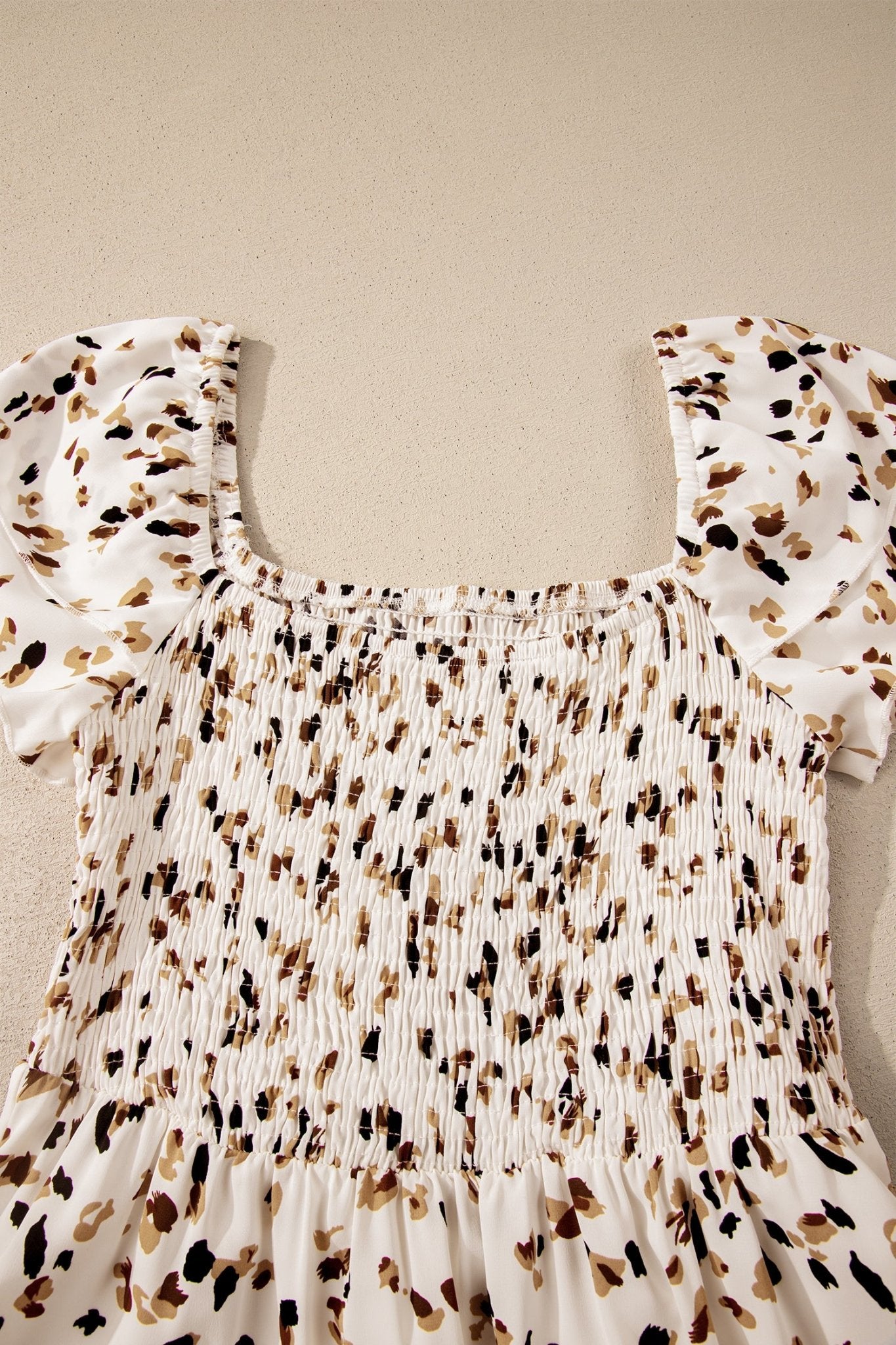 Beige Ditsy Floral Print Smocked Square Neck Ruffle Short Sleeve Dress - Crowned Energy CO.
