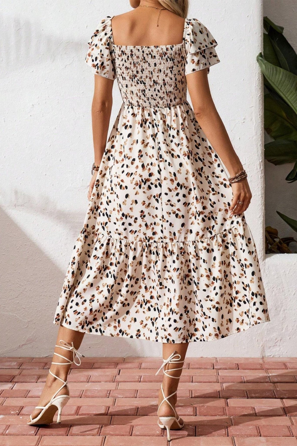 Beige Ditsy Floral Print Smocked Square Neck Ruffle Short Sleeve Dress - Crowned Energy CO.