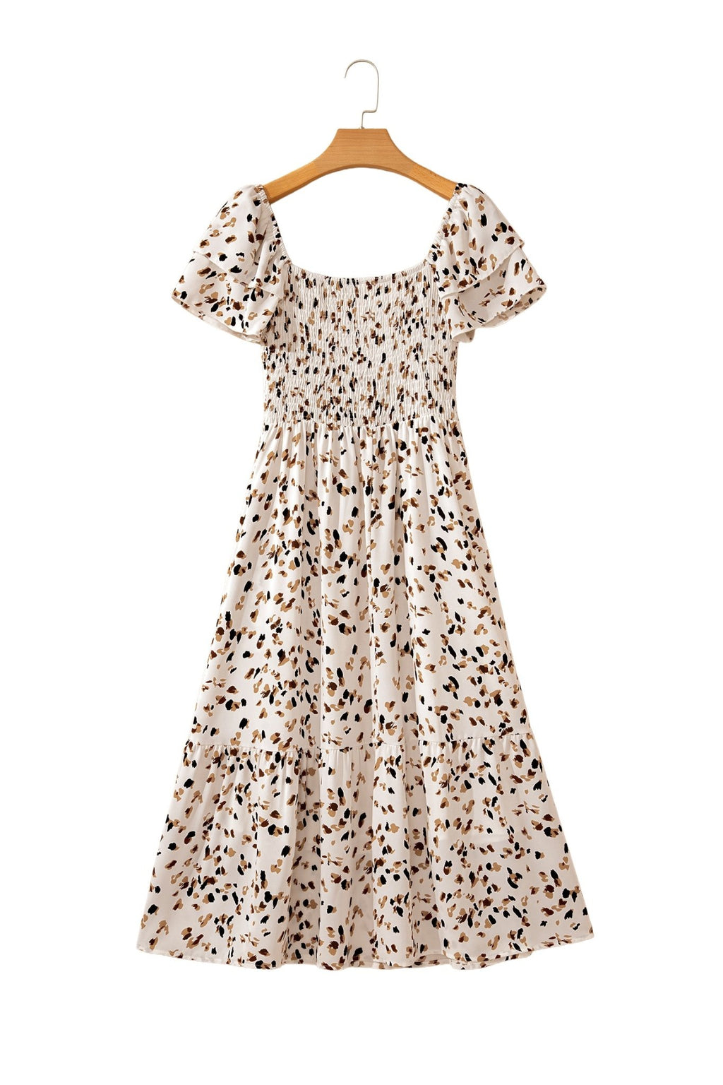 Beige Ditsy Floral Print Smocked Square Neck Ruffle Short Sleeve Dress - Crowned Energy CO.