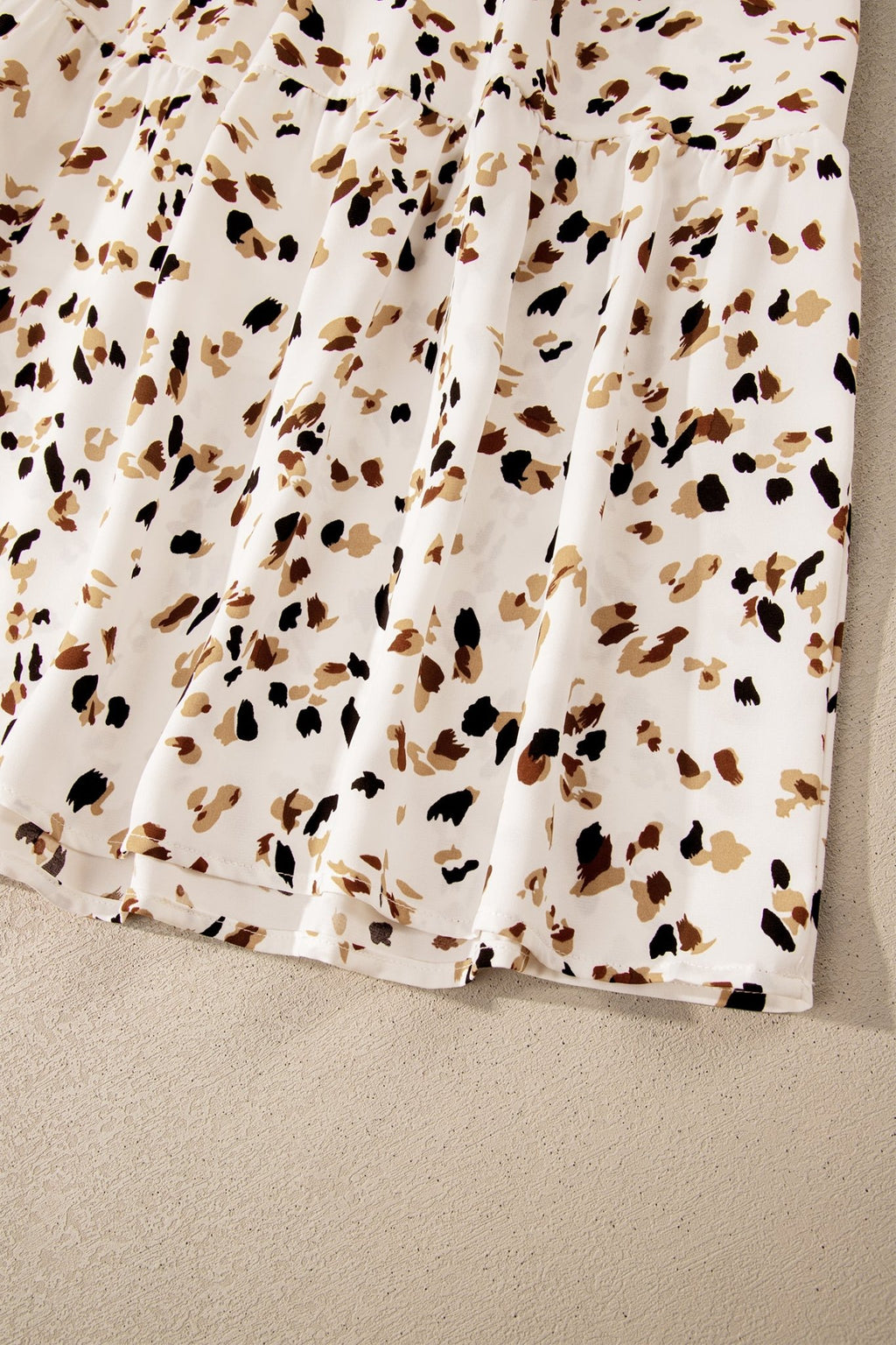 Beige Ditsy Floral Print Smocked Square Neck Ruffle Short Sleeve Dress - Crowned Energy CO.