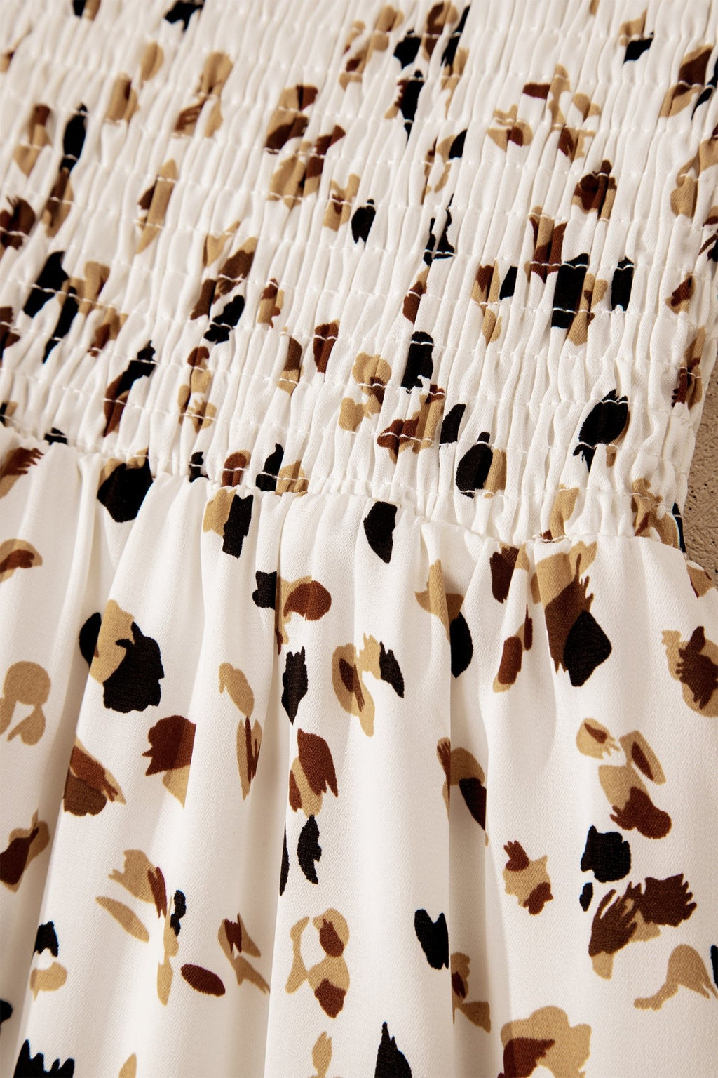 Beige Ditsy Floral Print Smocked Square Neck Ruffle Short Sleeve Dress - Crowned Energy CO.