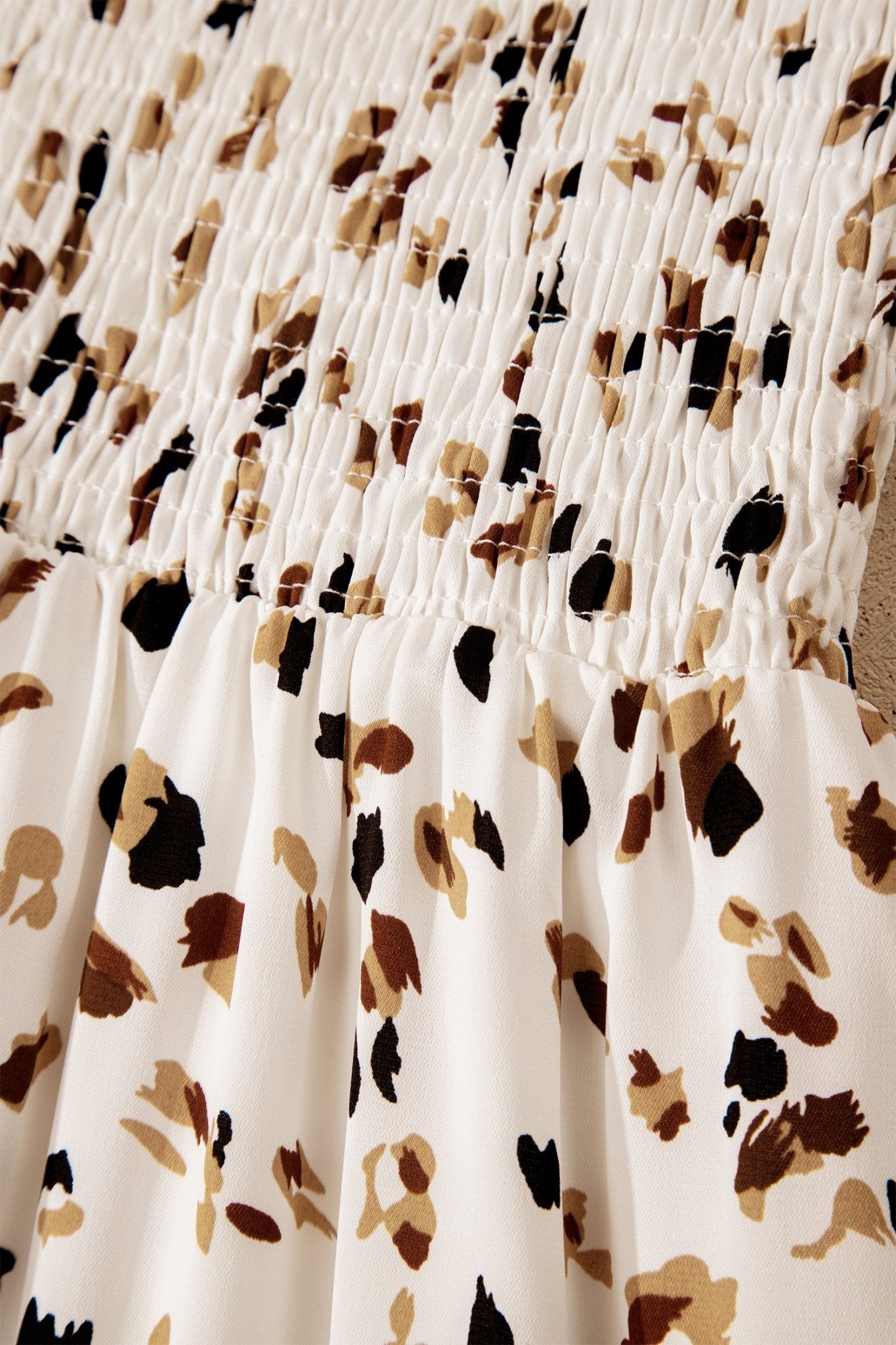 Beige Ditsy Floral Print Smocked Square Neck Ruffle Short Sleeve Dress - Crowned Energy CO.