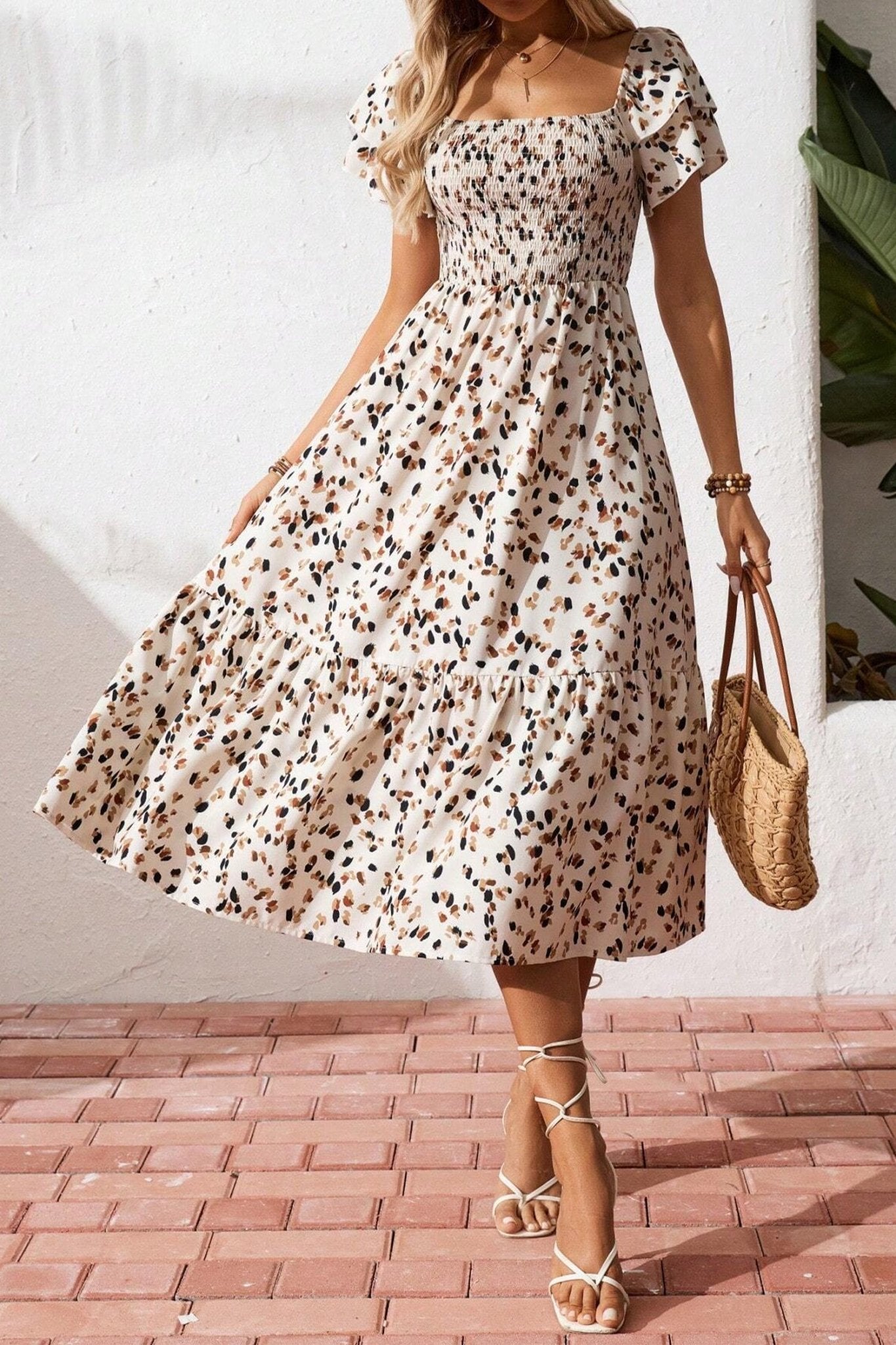Beige Ditsy Floral Print Smocked Square Neck Ruffle Short Sleeve Dress - Crowned Energy CO.