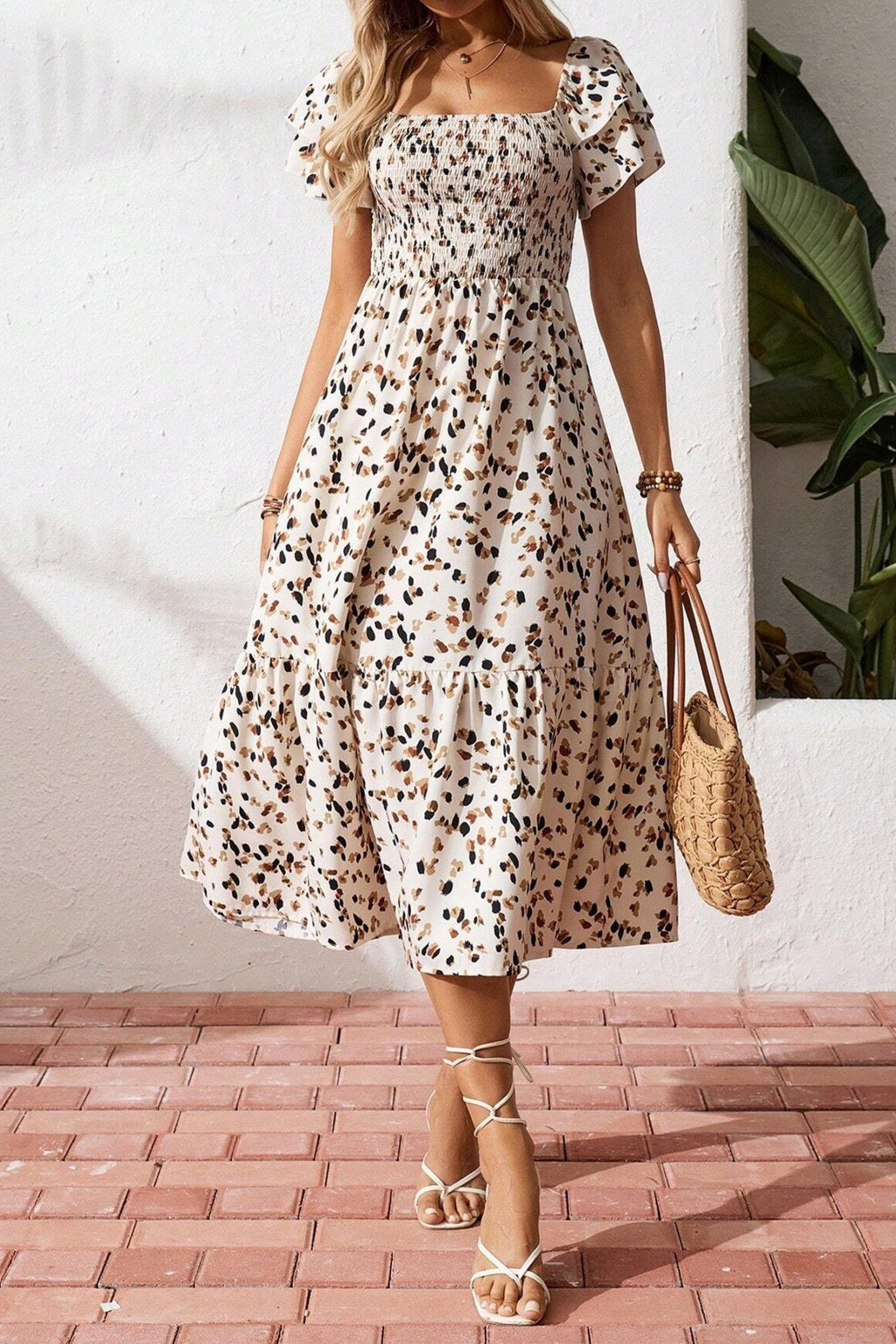 Beige Ditsy Floral Print Smocked Square Neck Ruffle Short Sleeve Dress - Crowned Energy CO.