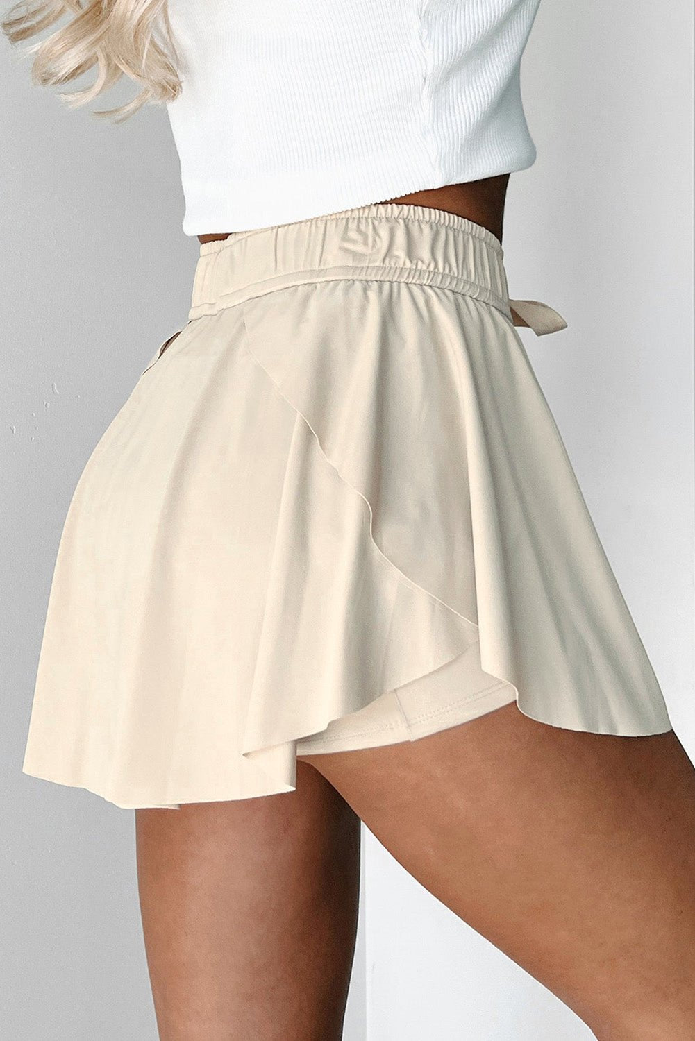 Beige Drawstring Elastic Waistband Lined Tennis Skorts - Crowned Energy CO.