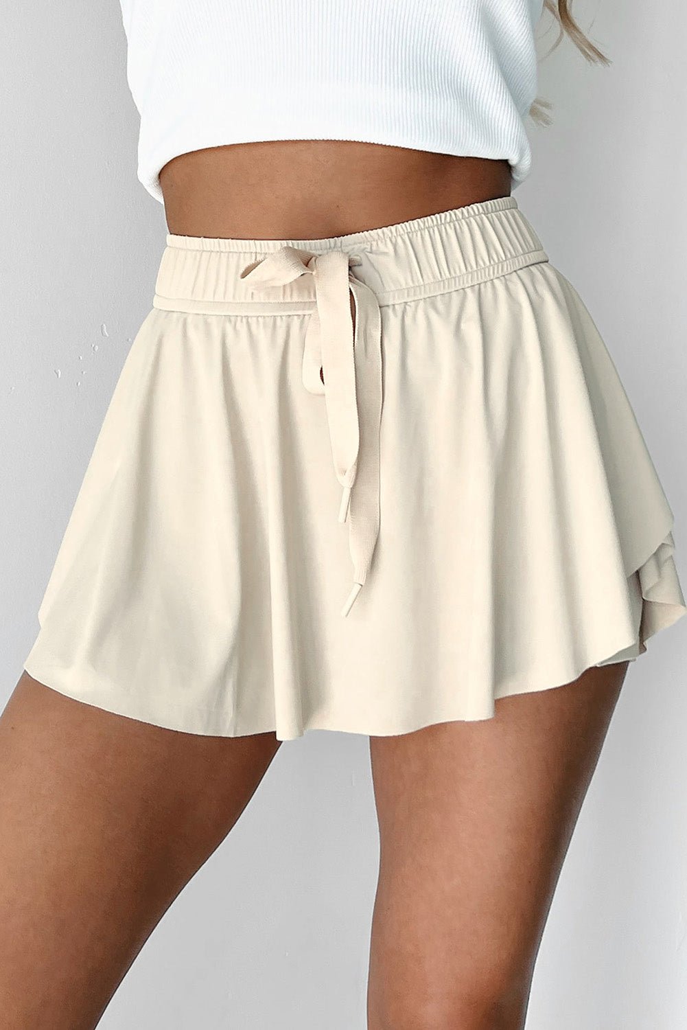 Beige Drawstring Elastic Waistband Lined Tennis Skorts - Crowned Energy CO.