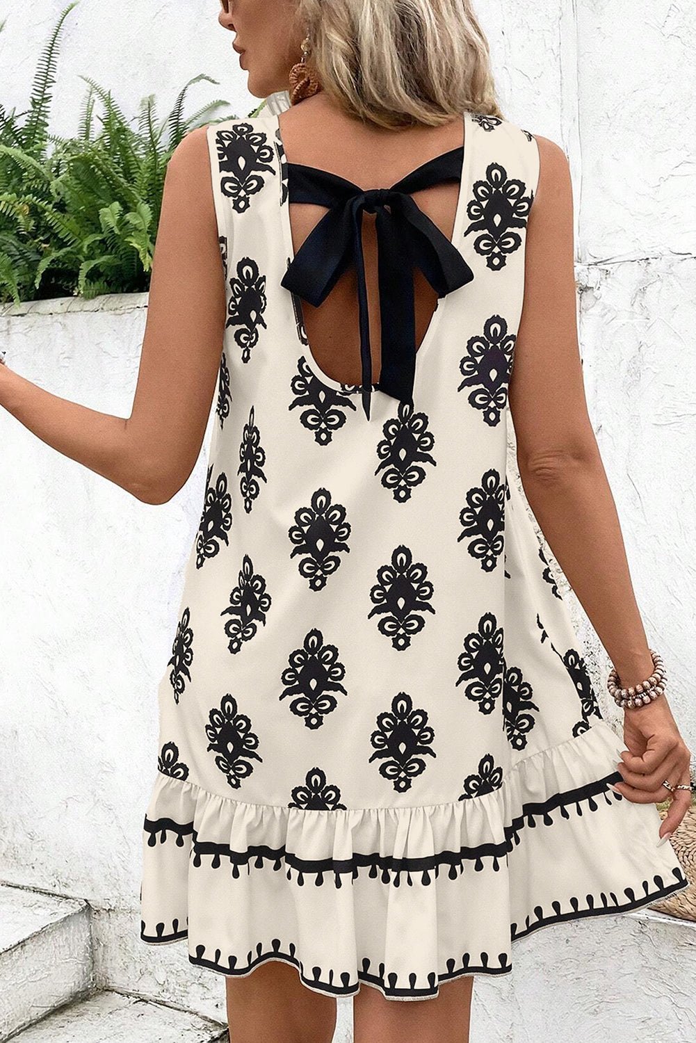 Beige Geometric Printed Sleeveless Hollowed Bowknot Back Mini Dress - Crowned Energy CO.