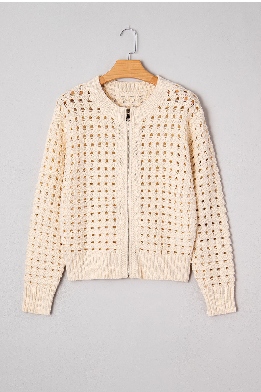 Crowned Energy CO. Beige / S / 100%Acrylic Dear-Lover Dropshipping Sweaters & Cardigans/Cardigans Beige Hollowed Pattern Knit Zip Up Drop Shoulder Sweater Cardigan