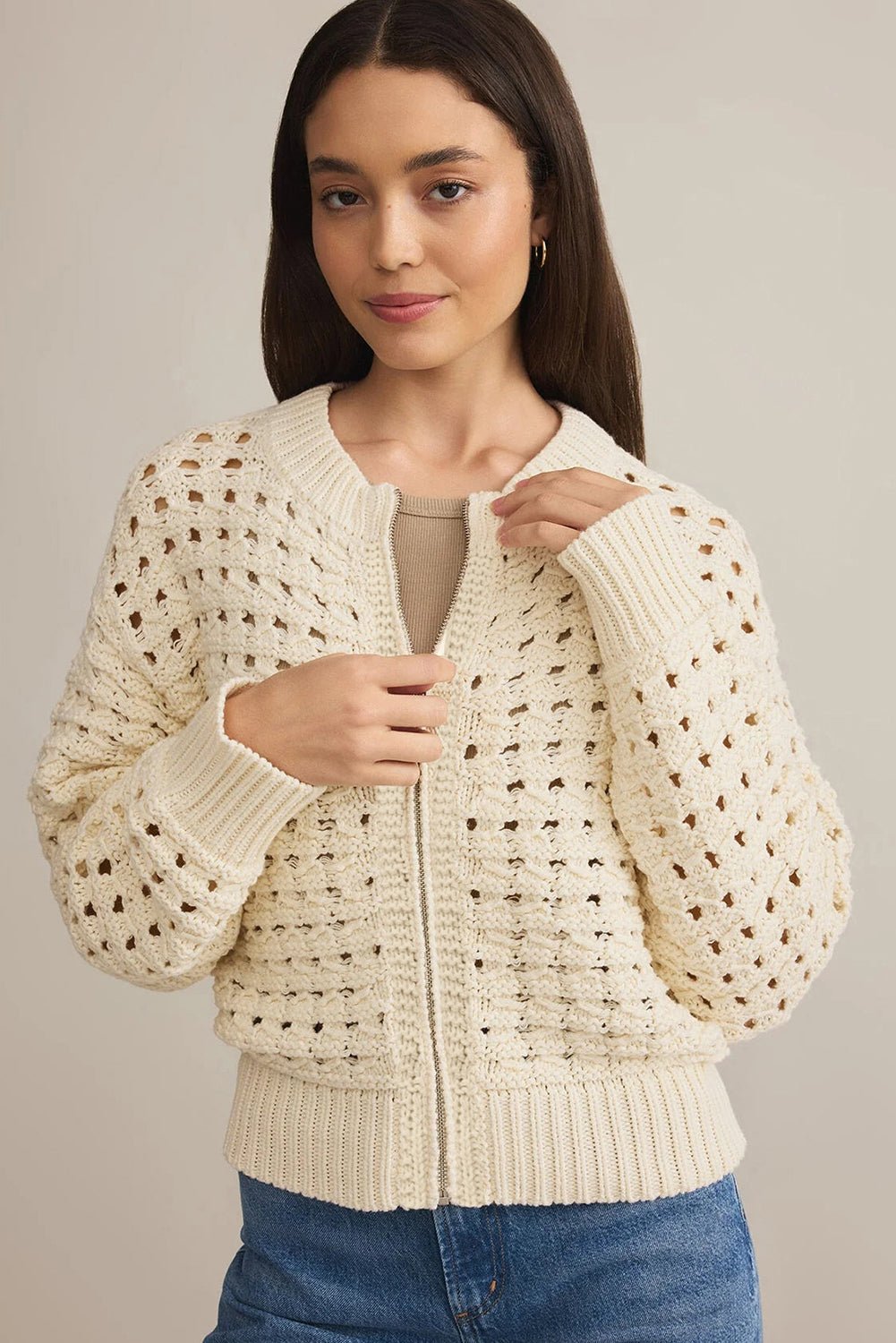 Crowned Energy CO. Beige / S / 100%Acrylic Dear-Lover Dropshipping Sweaters & Cardigans/Cardigans Beige Hollowed Pattern Knit Zip Up Drop Shoulder Sweater Cardigan