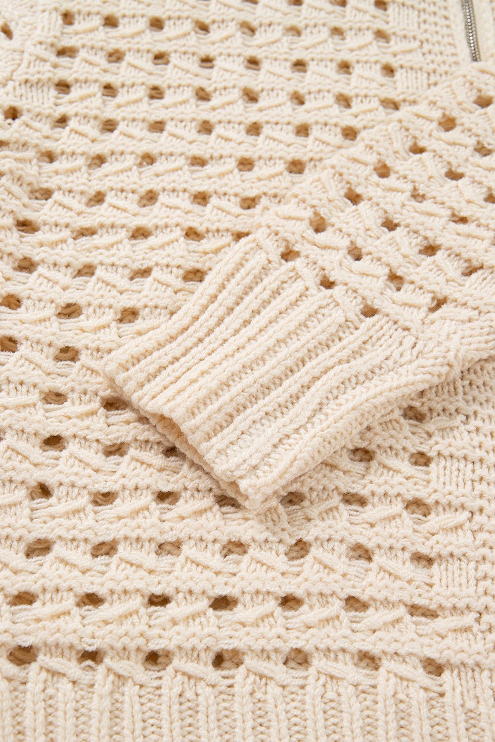 Crowned Energy CO. Beige / S / 100%Acrylic Dear-Lover Dropshipping Sweaters & Cardigans/Cardigans Beige Hollowed Pattern Knit Zip Up Drop Shoulder Sweater Cardigan