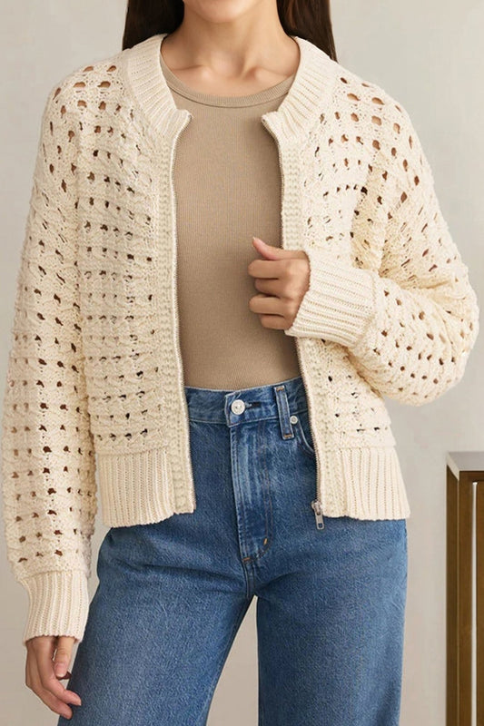 Crowned Energy CO. Beige / S / 100%Acrylic Dear-Lover Dropshipping Sweaters & Cardigans/Cardigans Beige Hollowed Pattern Knit Zip Up Drop Shoulder Sweater Cardigan