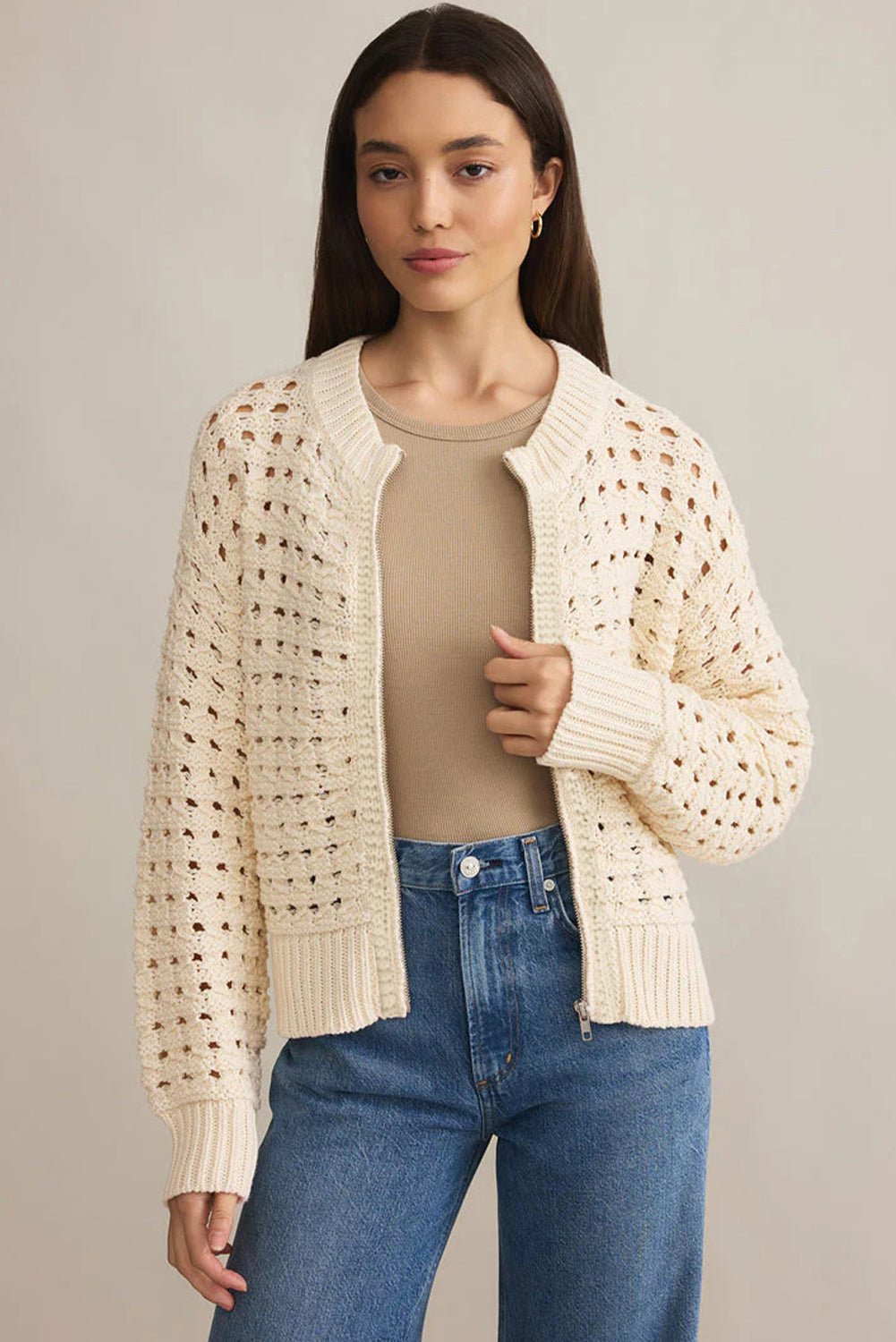 Crowned Energy CO. Beige / S / 100%Acrylic Dear-Lover Dropshipping Sweaters & Cardigans/Cardigans Beige Hollowed Pattern Knit Zip Up Drop Shoulder Sweater Cardigan