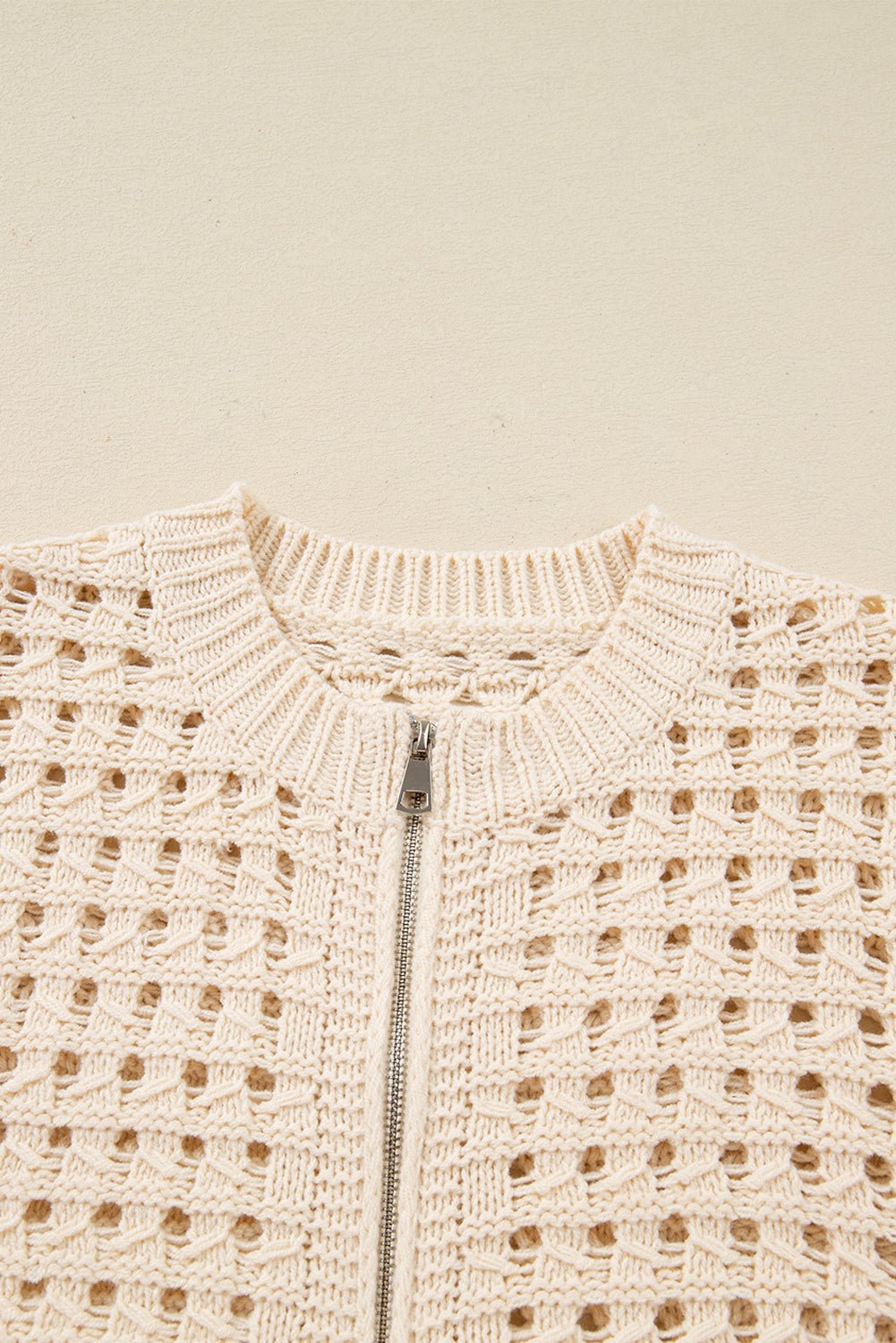 Crowned Energy CO. Beige / S / 100%Acrylic Dear-Lover Dropshipping Sweaters & Cardigans/Cardigans Beige Hollowed Pattern Knit Zip Up Drop Shoulder Sweater Cardigan