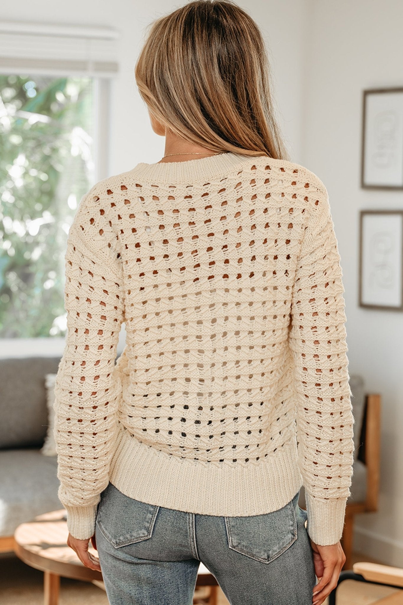 Beige Hollowed Pattern Knit Zip Up Drop Shoulder Sweater Cardigan - Crowned Energy CO.