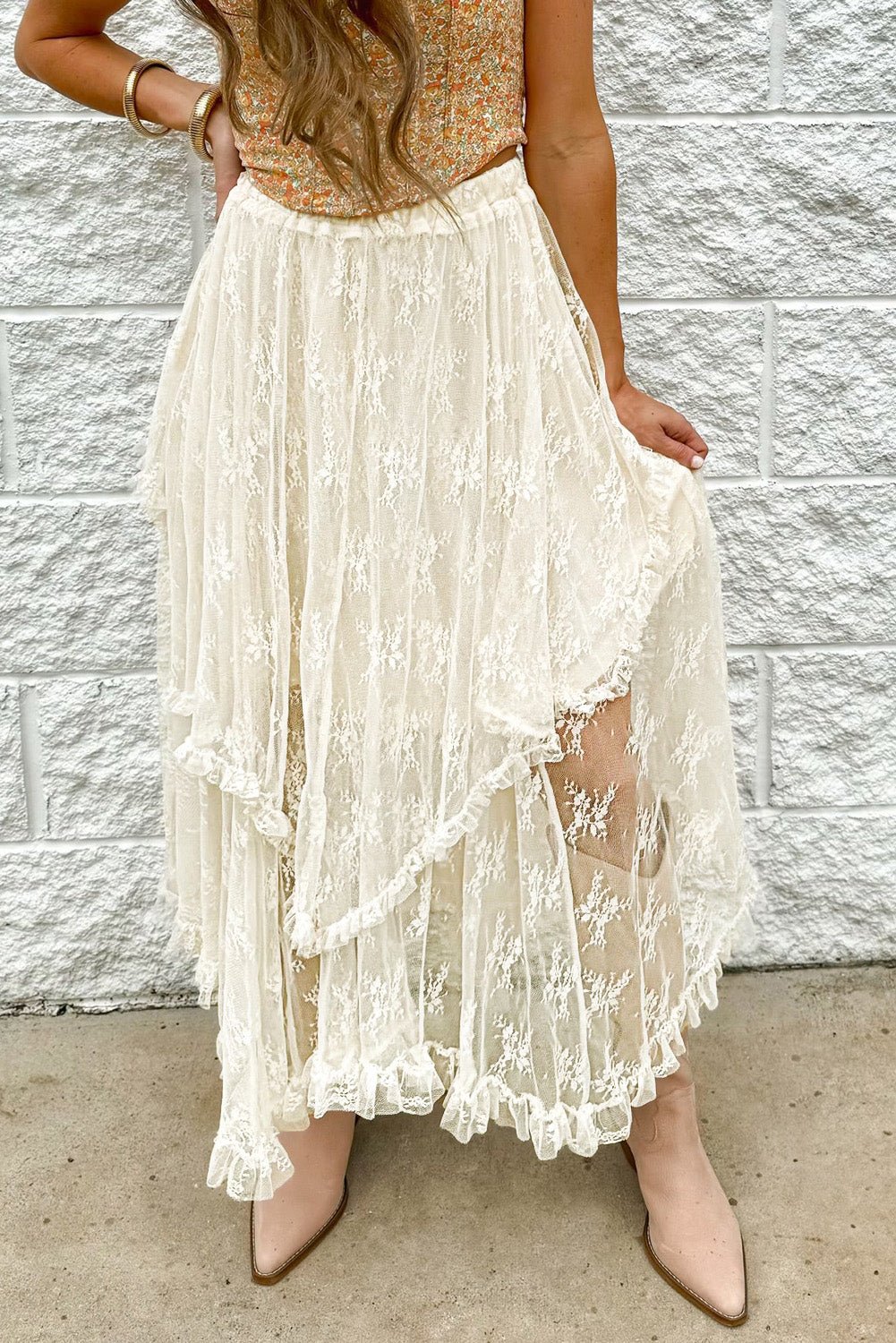 Beige Lace Cascading Tiered High Waist Maxi Skirt - Crowned Energy CO.