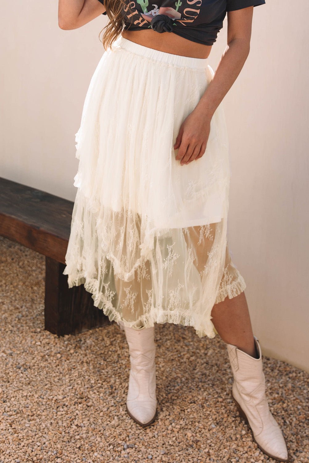 Beige Lace Cascading Tiered High Waist Maxi Skirt - Crowned Energy CO.