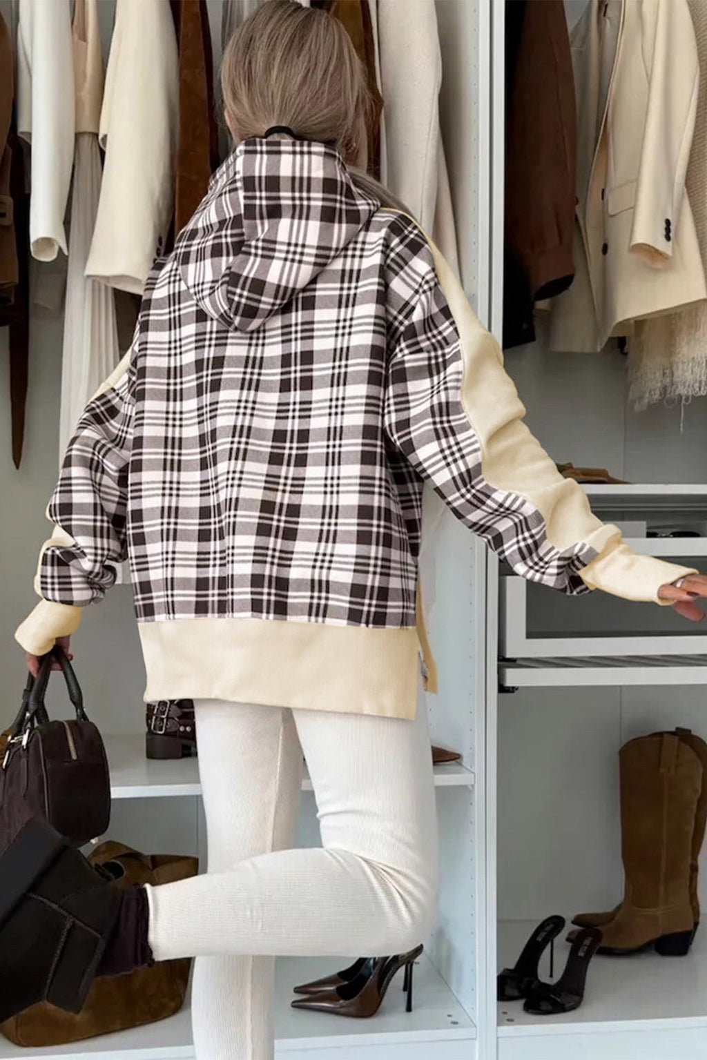Beige Plaid Patchwork Side Slit Sweatshirt - Crowned Energy CO.