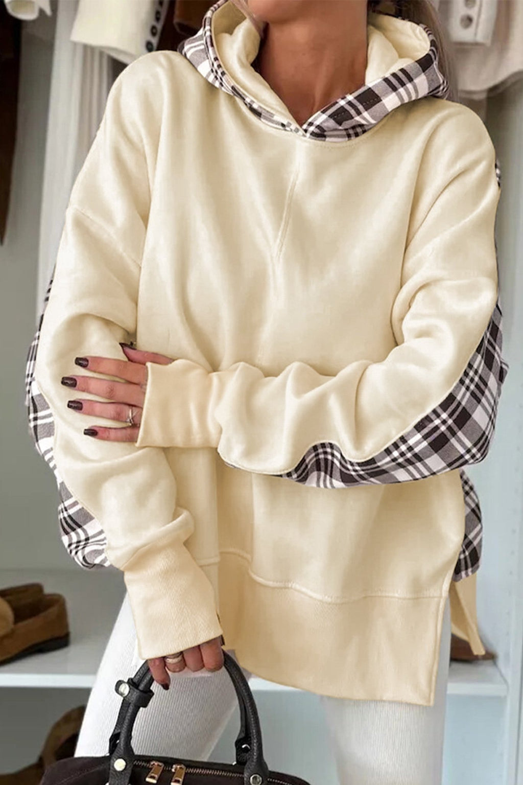 Beige Plaid Patchwork Side Slit Sweatshirt - Crowned Energy CO.