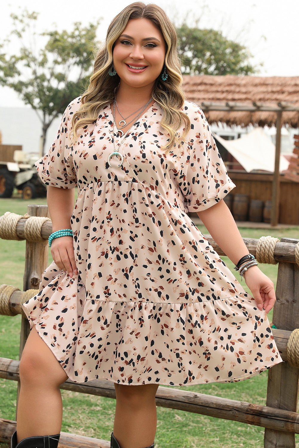 Crowned Energy CO. Beige / 1X / 100%Polyester Dear-Lover Dropshipping Plus Size/Plus Size Dresses/Plus Size Mini Dresses Beige Printed Surplice V Neck Cuffed Sleeve Empire Waist Plus Size Dress